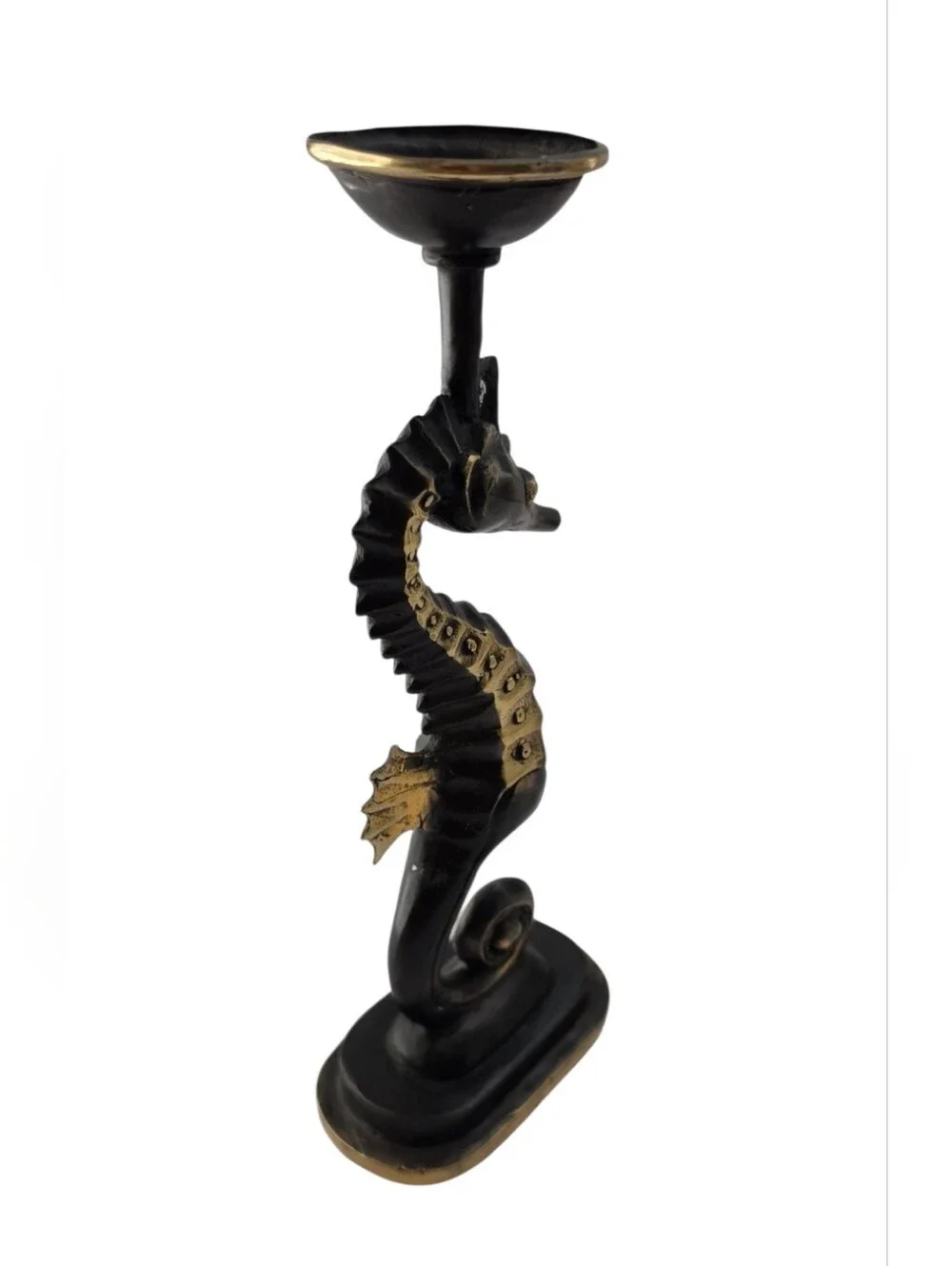 Vintage Cast Brass Seahorse Tealight & Trinket Dish Coastal Vanity Set